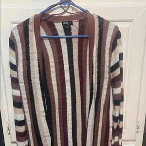Love women’s Cardigan - Black, Brown, and Cream Stripes